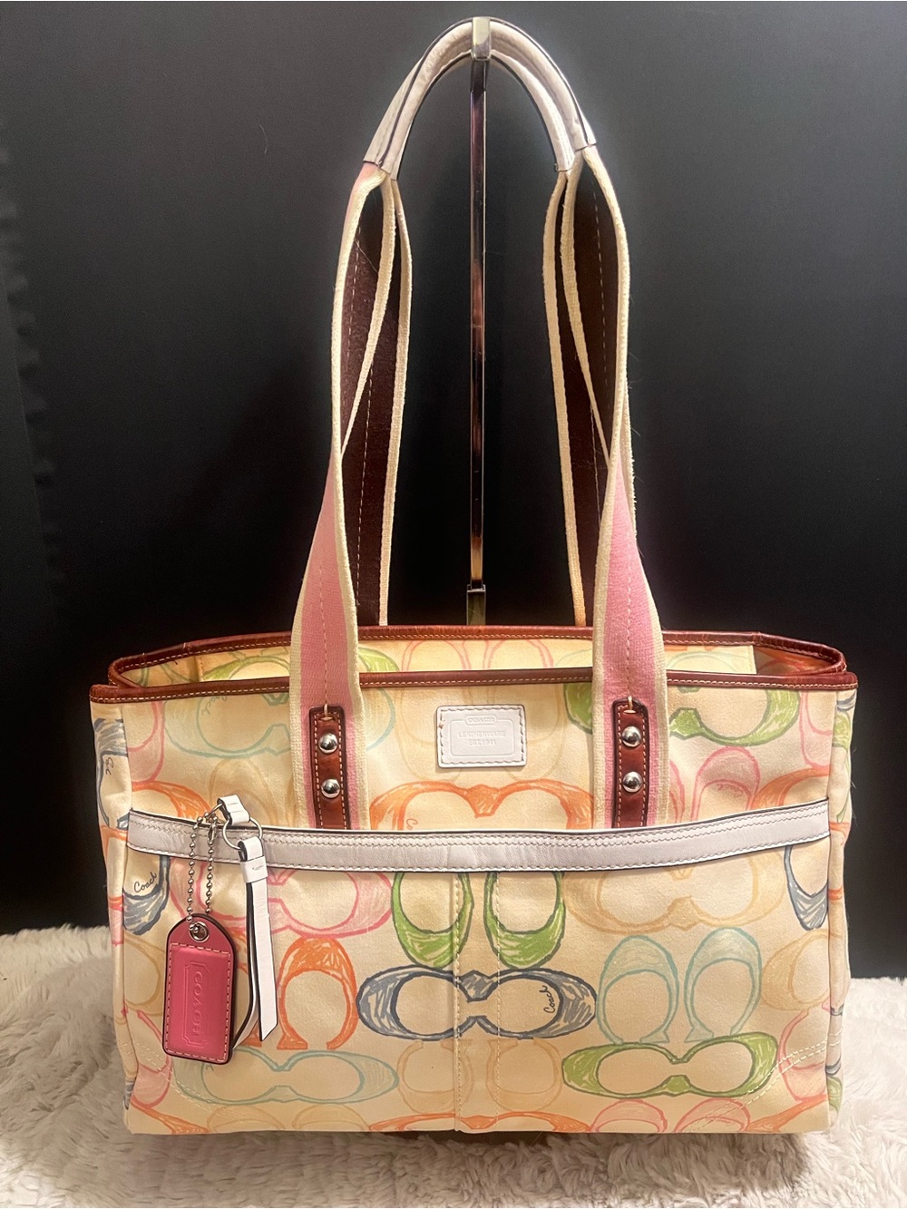 Vintage Coach Hampton Scribble Multicolor Signature Tote with Pink Handles